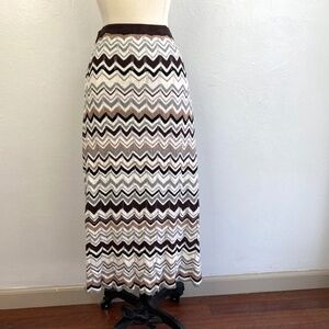 Bette Paige Knit Midi Skirt Medium Brown Cream Gray Chevron Stretch Pencil Pinup